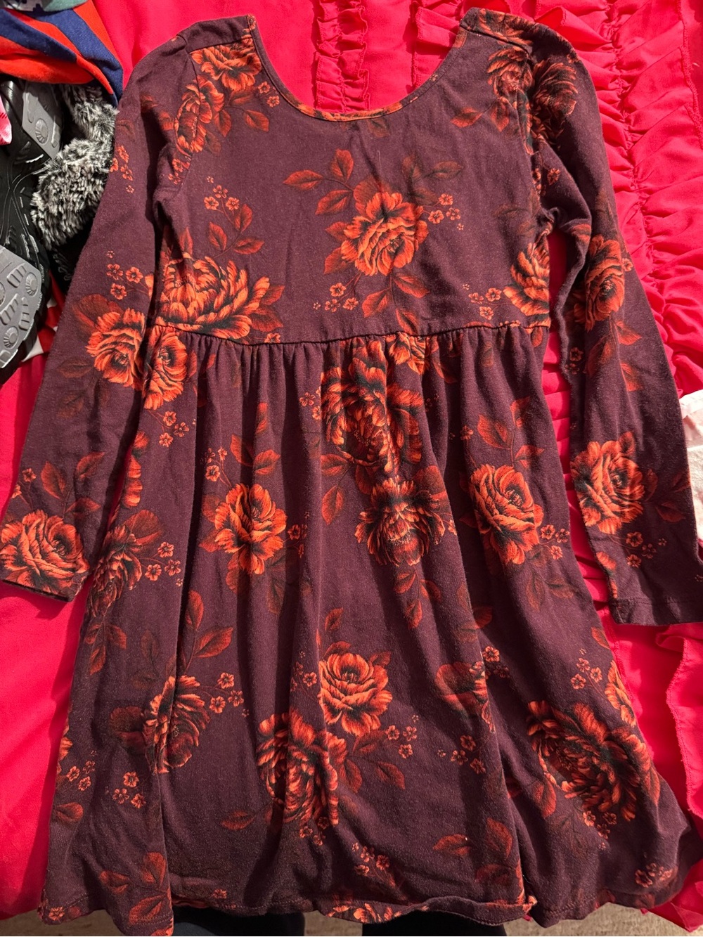 Old Navy Plum Floral Long-Sleeve Knit Dress with Orange Roses